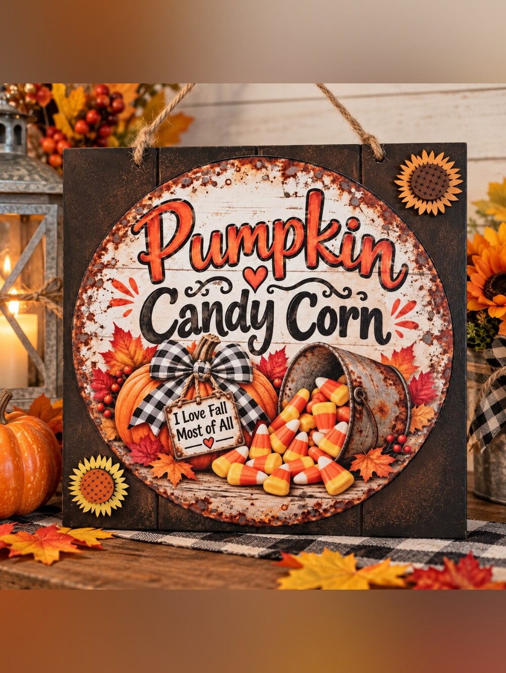 Hand Crafted Pumpkin Candy Corn Fall Wall Sign - Orange, Yellow, Black